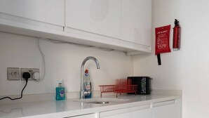 Keittiössä on valkoiset kaapit, ruostumattomasta teräksestä valmistettu pesuallas, punainen astiateline ja seinällä palosammutin.