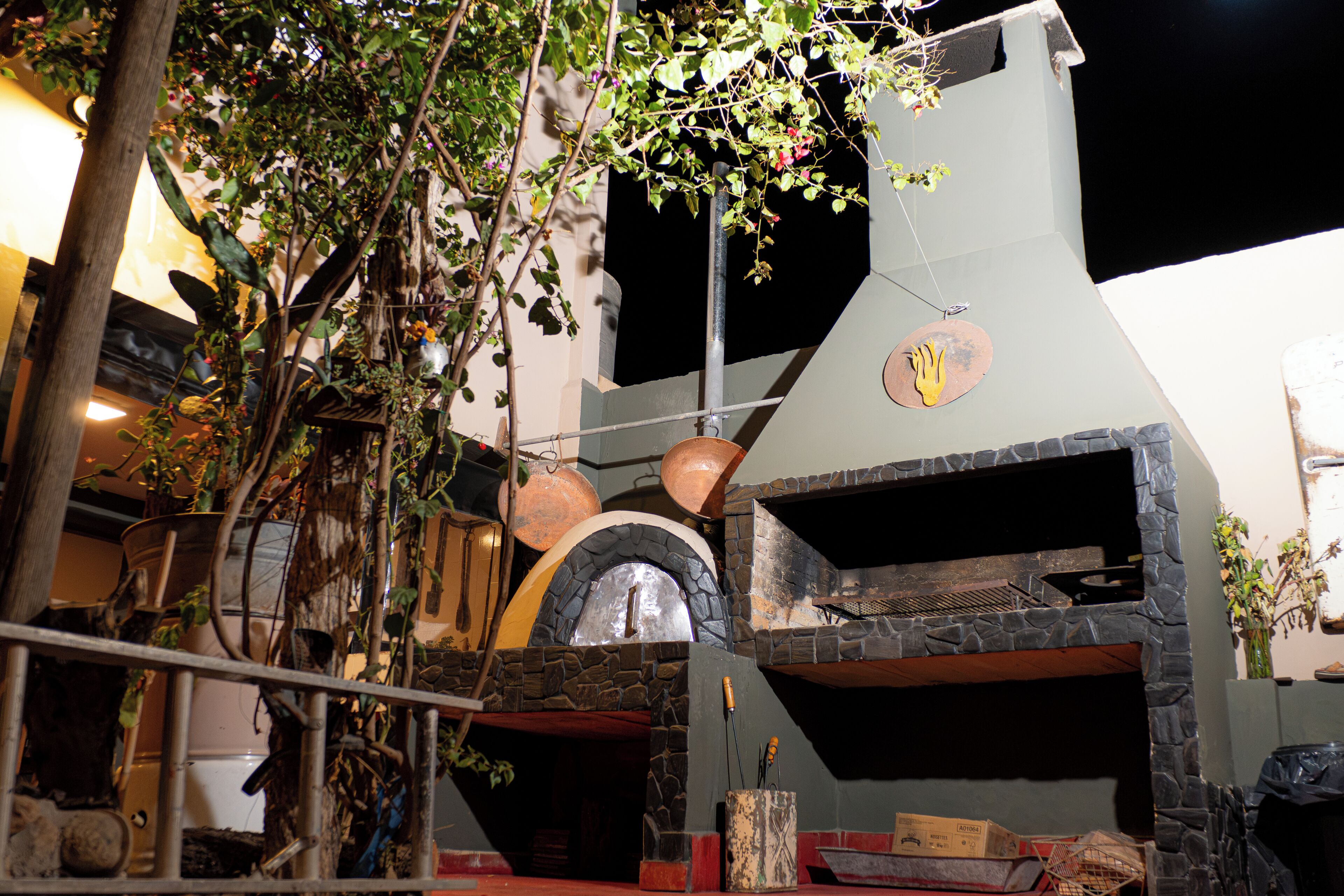 Un espacio de cocina al aire libre con un horno de piedra, rodeado de macetas con plantas y una estructura de madera rústica.