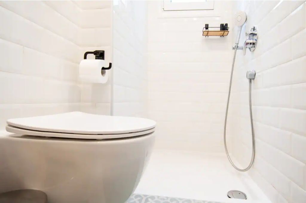 A bathroom with a toilet, a shower, and a toilet paper holder on the wall.