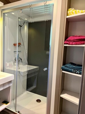 Shower, hair dryer, toilet paper