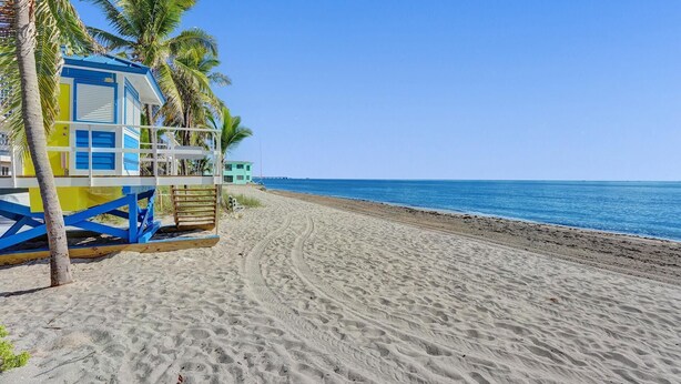 Una playa con una torre de salvavidas y palmeras.
