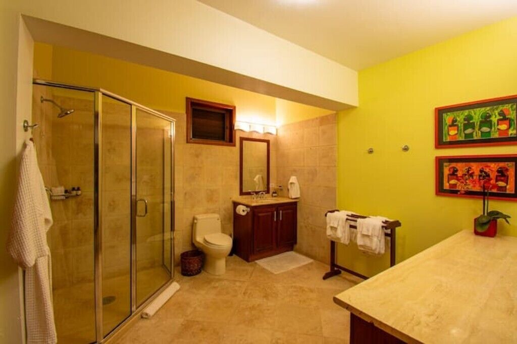 Une salle de bain avec une douche à parois de verre, des toilettes, un lavabo avec un miroir et un meuble-lavabo avec un porte-serviettes.