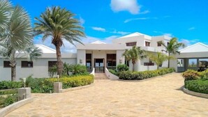 A modern building with a central entrance, surrounded by palm trees and a stone-paved courtyard.