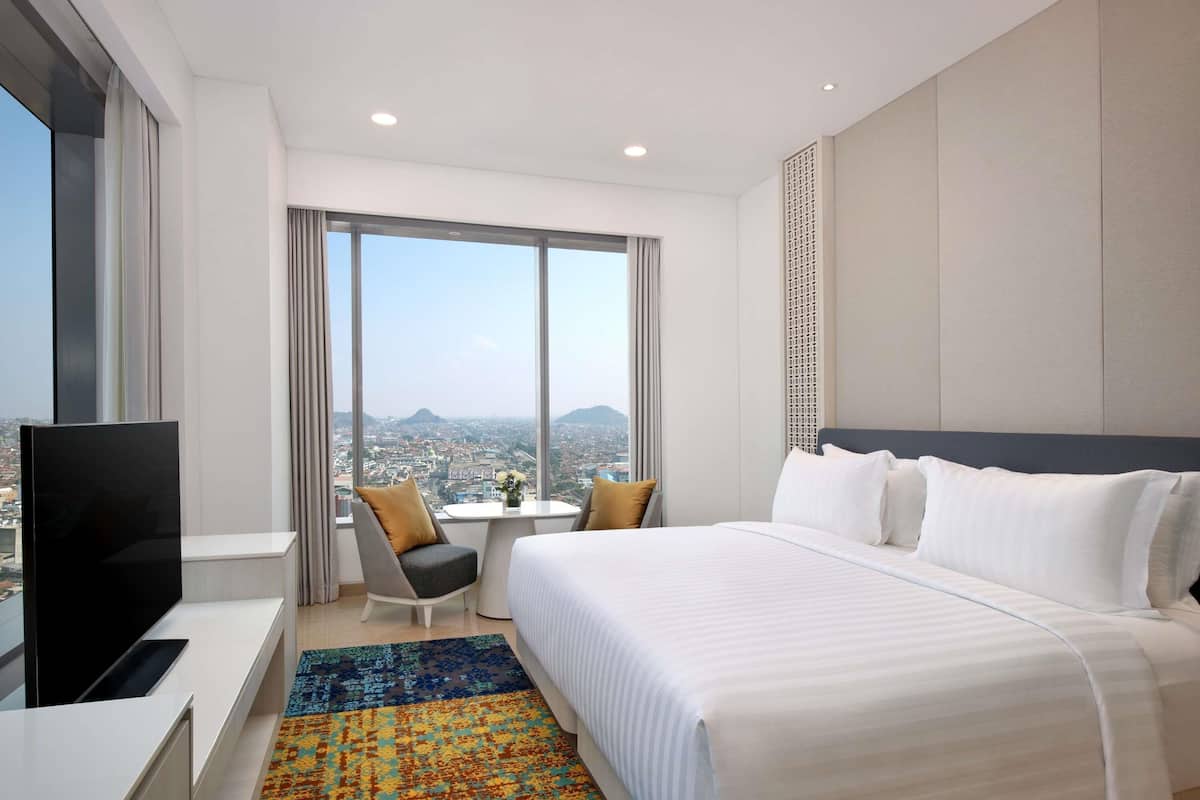 A hotel room with a large bed, a TV, a desk, and a view of the city.