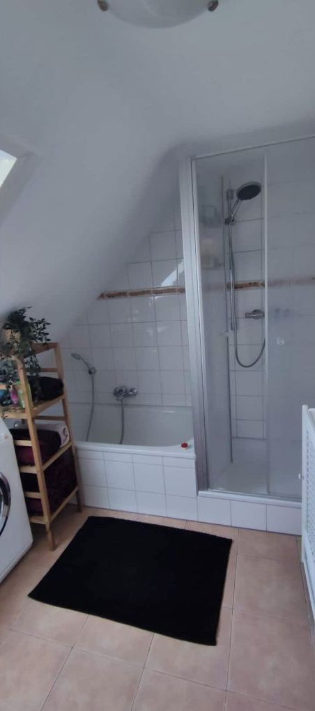 A small, modern bathroom with a shower, toilet, and a wooden shelf with plants.