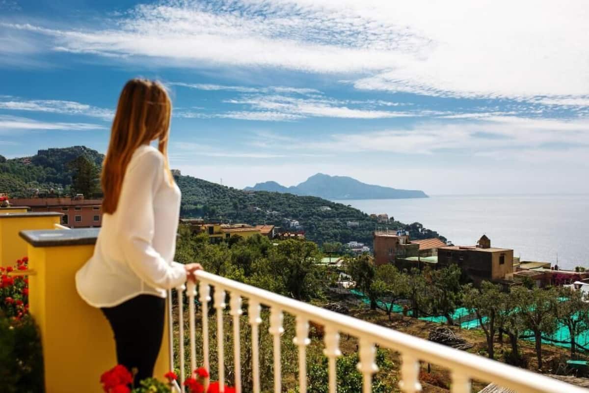 A balcony with a view of a coastal town, including buildings and a body of water.