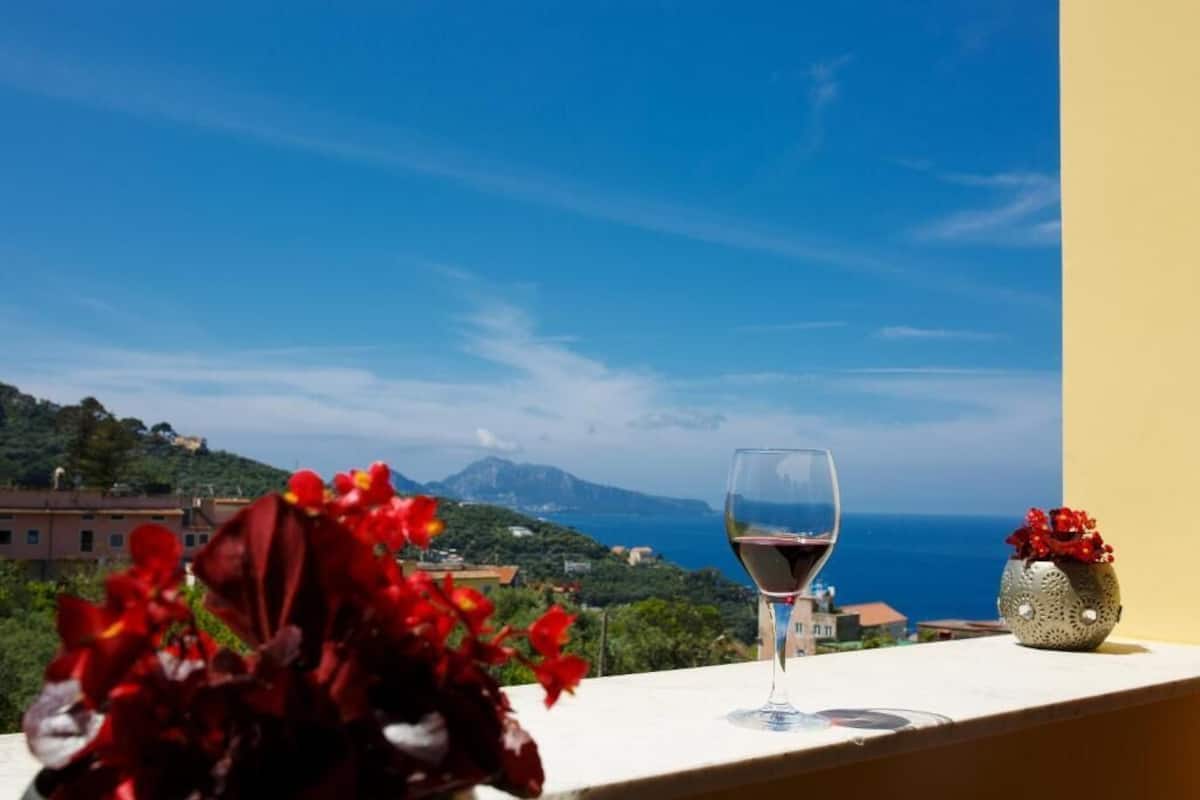 A balcony with a glass of red wine, a vase with red flowers, and a view of the sea and hills.