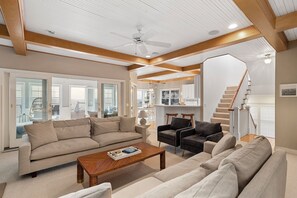 TV, fireplace, books, stereo