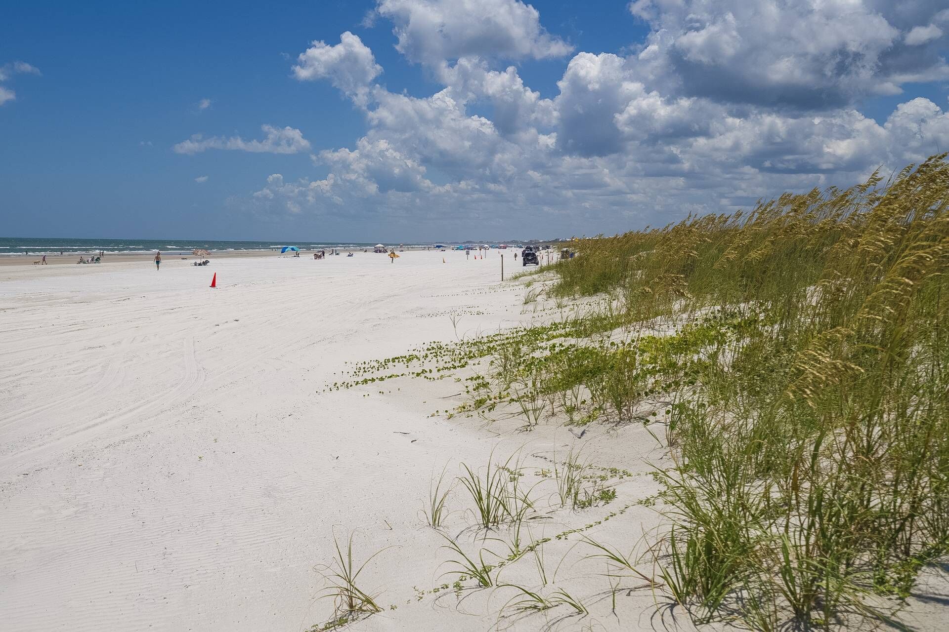 A beach with sand, dunes, and sparse vegetation.