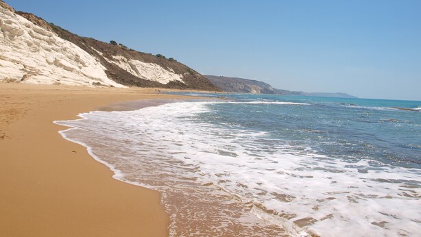 Une plage de sable fin aux vagues douces, un ciel dégagé et de hautes falaises blanches en arrière-plan.