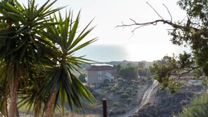 Une maison située sur la côte, avec vue sur la mer, entourée de végétation et bordée d’un chemin de terre.