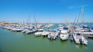 A marina with various boats docked, including sailboats and motorboats.