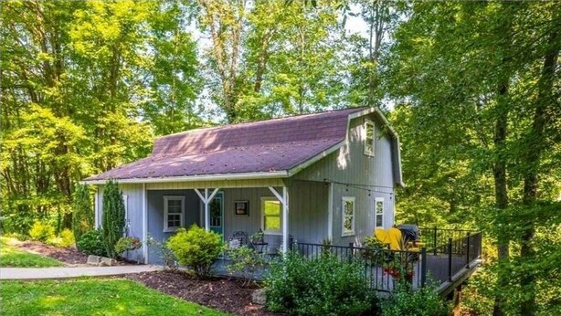 A single-story house with a porch, surrounded by lush greenery. - The Blue Door Cottage  (Dundee)