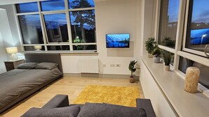 Une chambre moderne avec un lit, un canapé, une télévision et une fenêtre donnant sur l’extérieur.