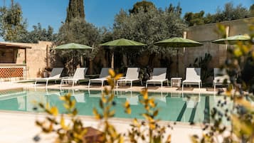 Seasonal outdoor pool, pool umbrellas, pool loungers