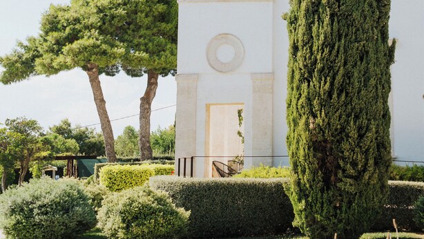 Un edificio blanco con una ventana arqueada central y un árbol alto y delgado al frente.