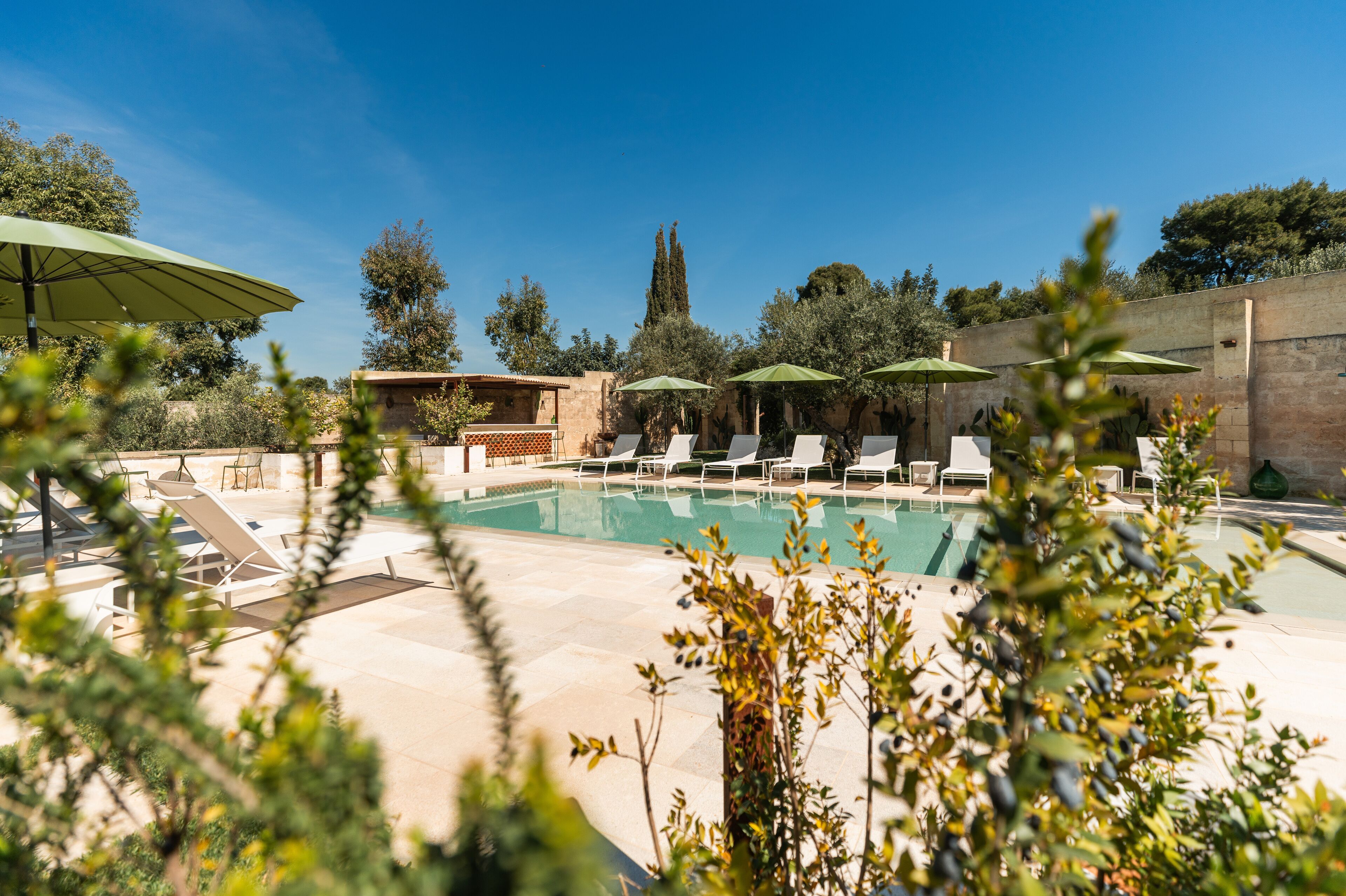Una piscina al aire libre de temporada, sombrillas, tumbonas