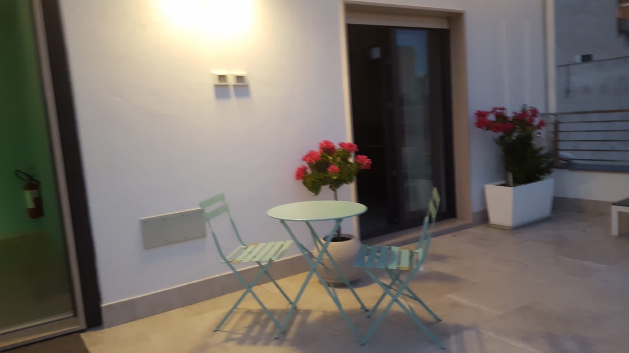 A small outdoor seating area with a table and chairs, a potted plant with pink flowers, and a fire extinguisher mounted on the wall.