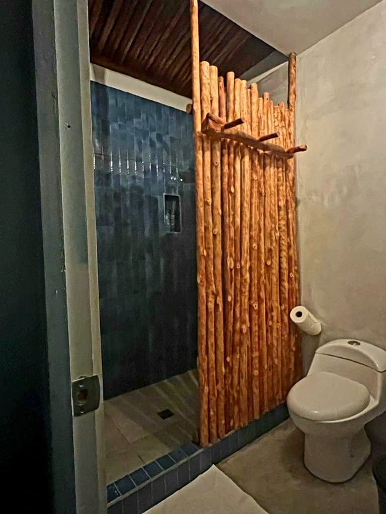 Une salle de bain avec un espace douche, des toilettes et un rideau de douche en bois.
