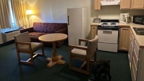 A compact hotel room with a kitchenette, a sofa, a small dining table, and a dog. - Oakridge Motel (Newaygo)