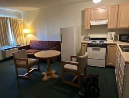 Una habitación de hotel compacta con kitchenette, un sofá, una pequeña mesa de comedor y un perro.