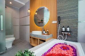 Shower, hair dryer, bidet, towels