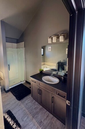 Ein modernes Badezimmer mit Duschkabine aus Glas, einem großen Spiegel und einer dunklen Arbeitsplatte.