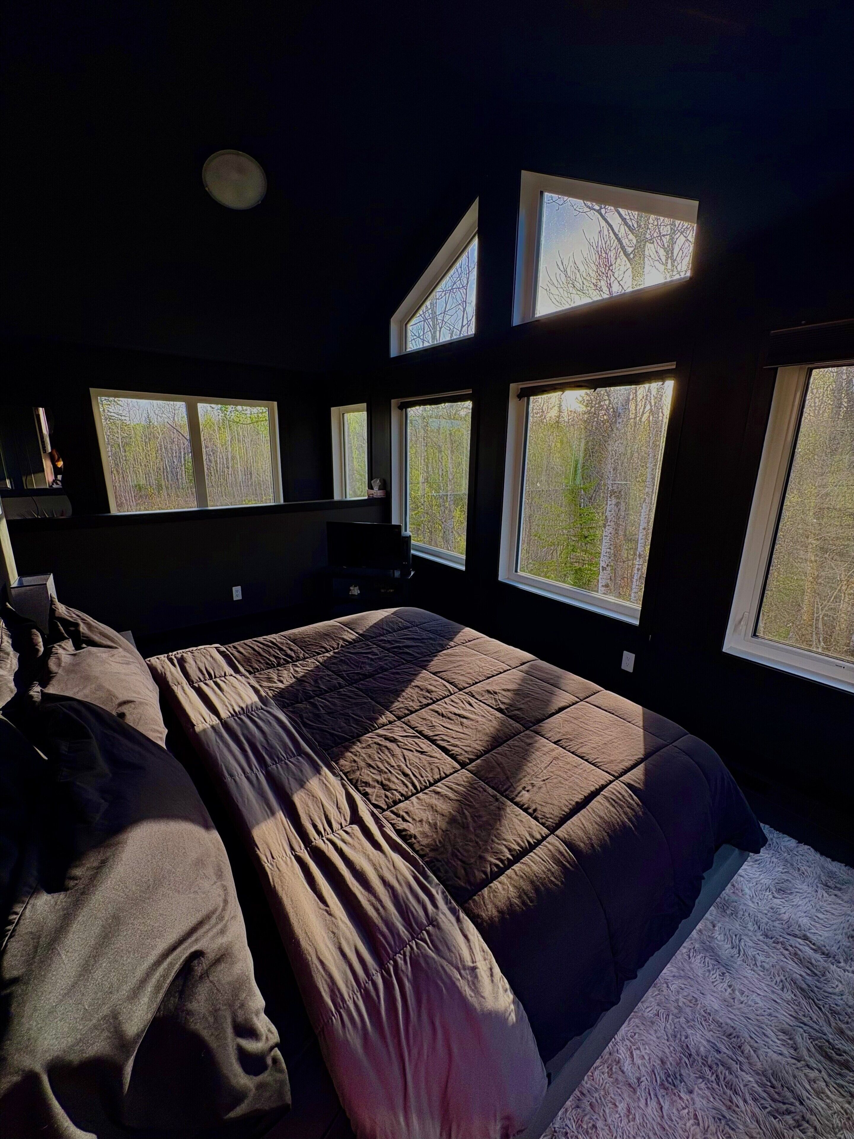 Un dormitorio con una cama grande, varias ventanas y vistas a árboles.