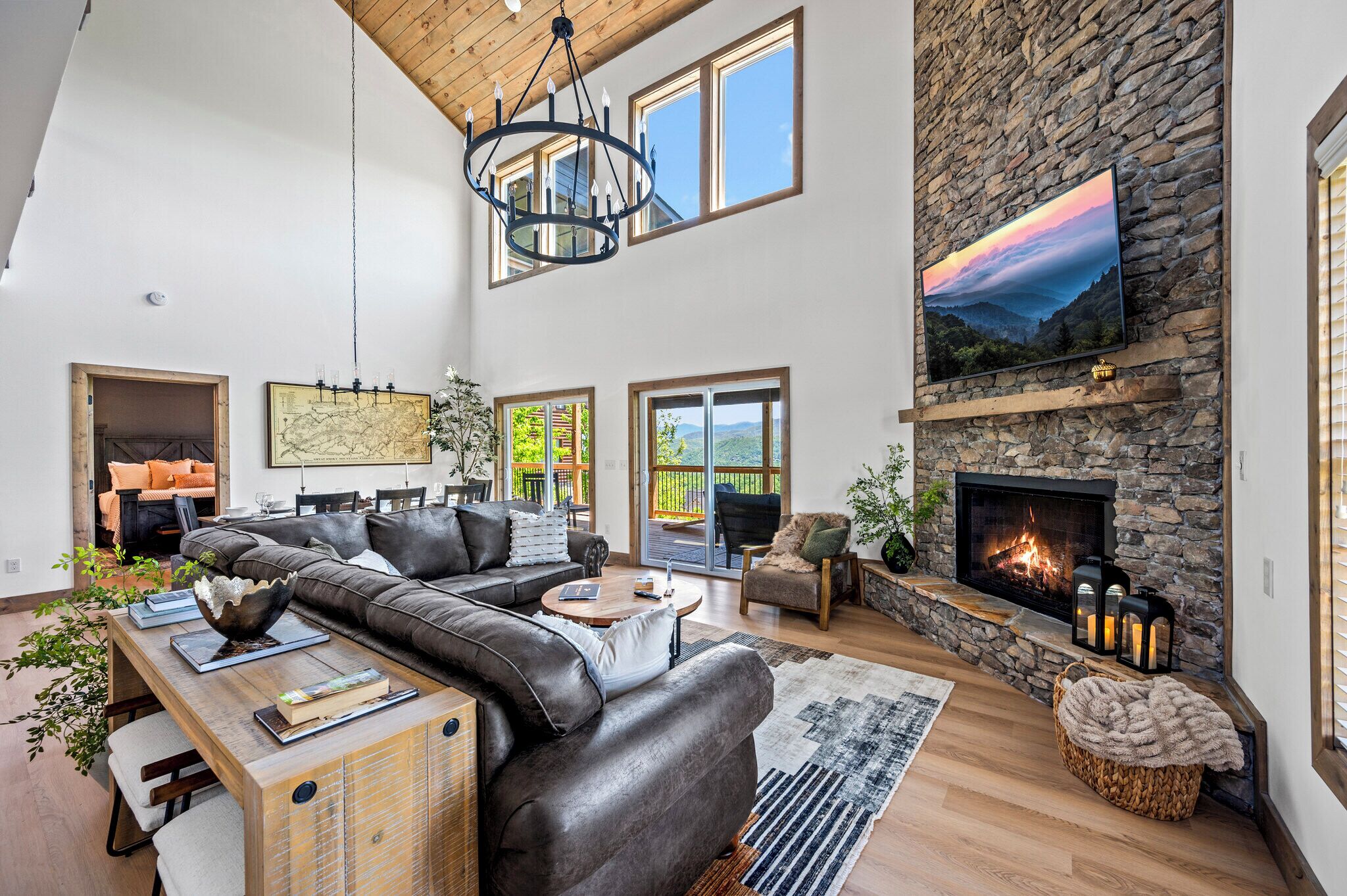 Smart TV, fireplace, books