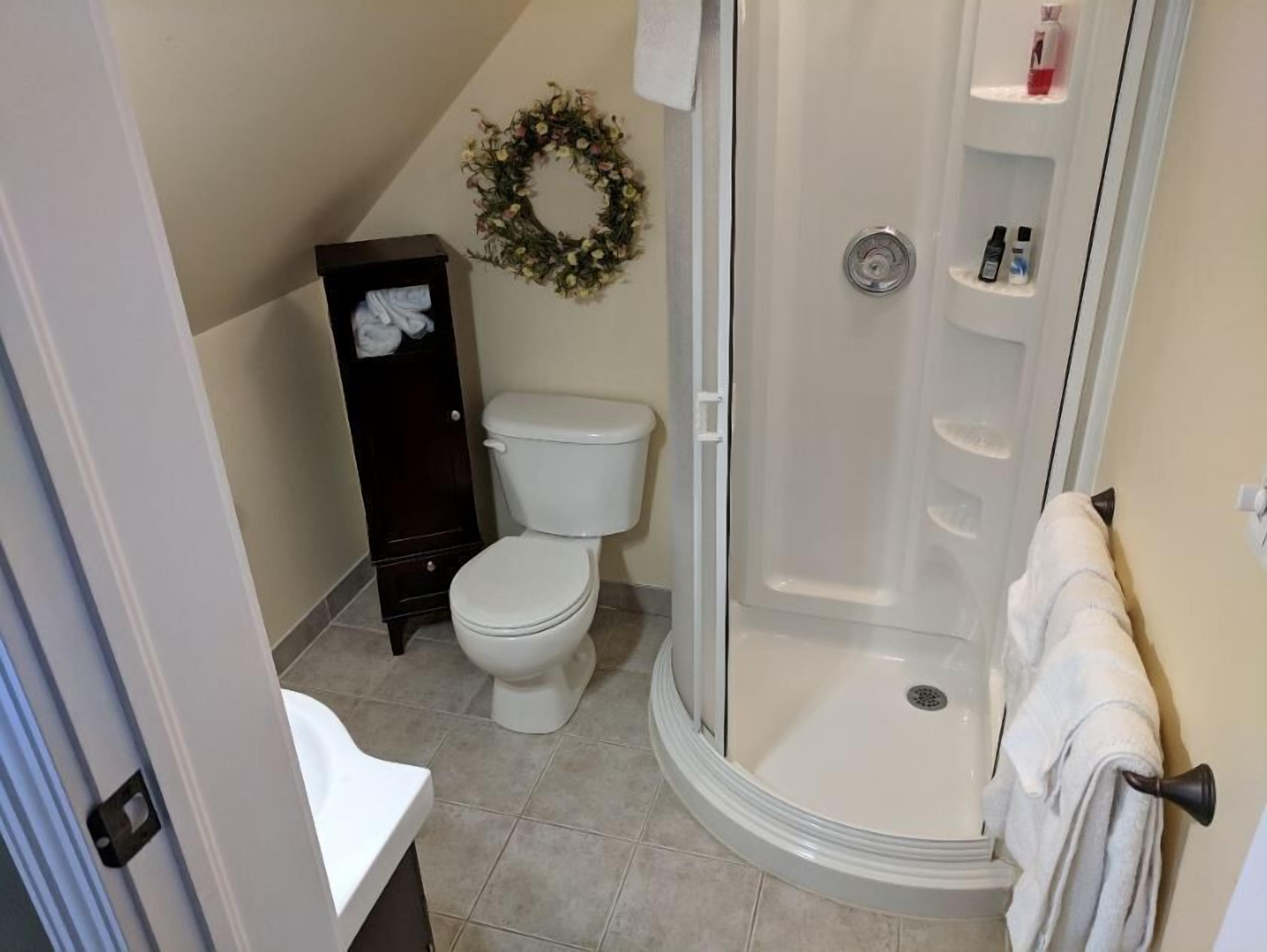 A bathroom with a toilet, a shower, and a towel rack.