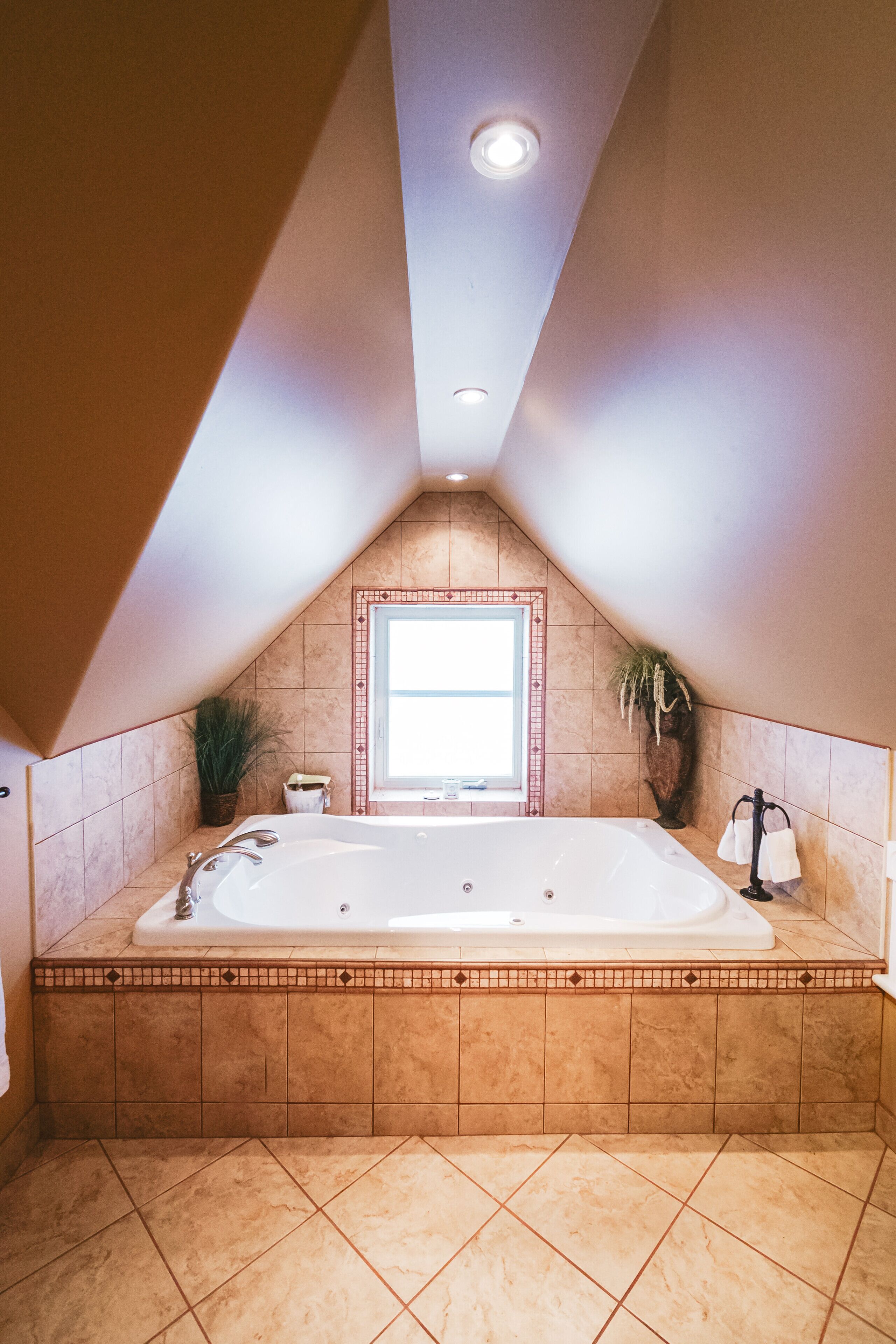 Une salle de bain avec une grande baignoire, une fenêtre et une plante en pot.