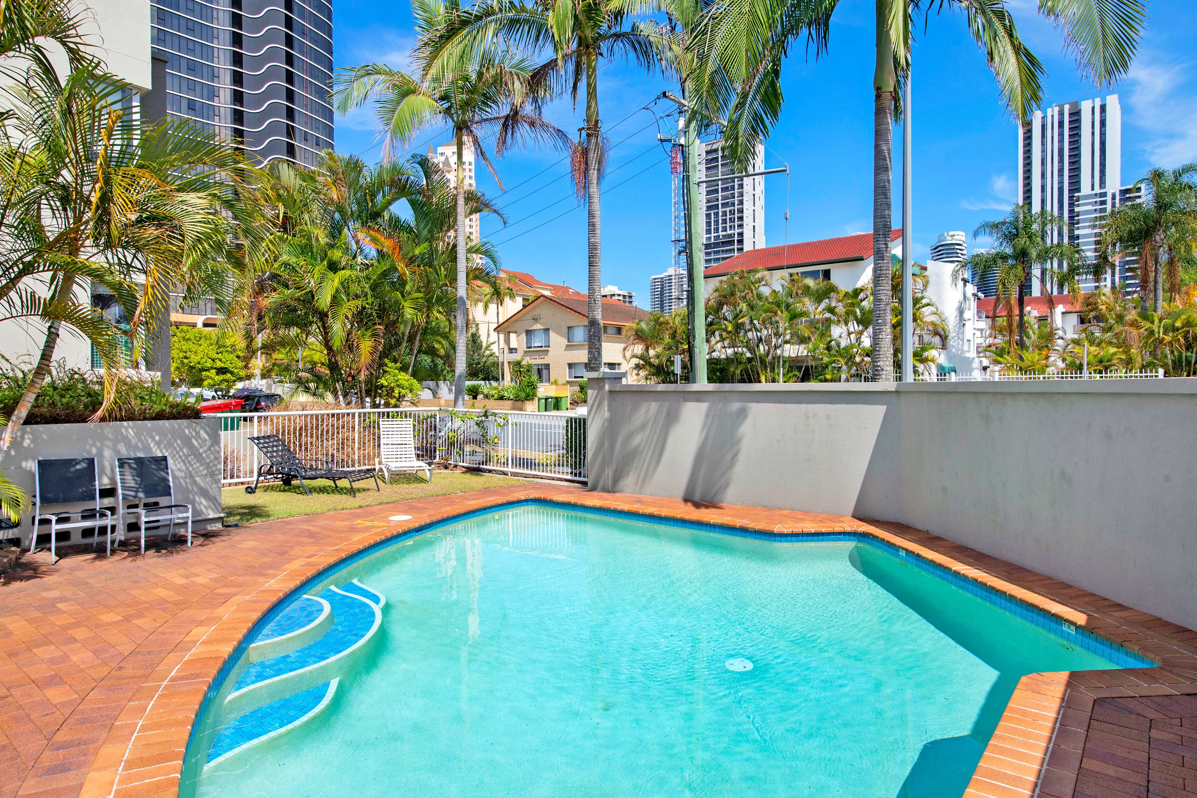 A swimming pool with a curved edge, surrounded by palm trees and a white wall.