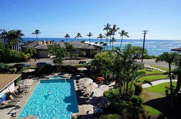 A swimming pool with lounge chairs and umbrellas, surrounded by palm trees and a view of the ocean.