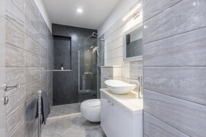 Shower, hair dryer, towels, toilet paper