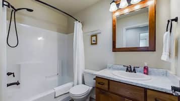 Hair dryer, towels, soap, shampoo