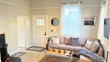 TV, fireplace, books