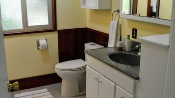 Hair dryer, towels, soap, shampoo