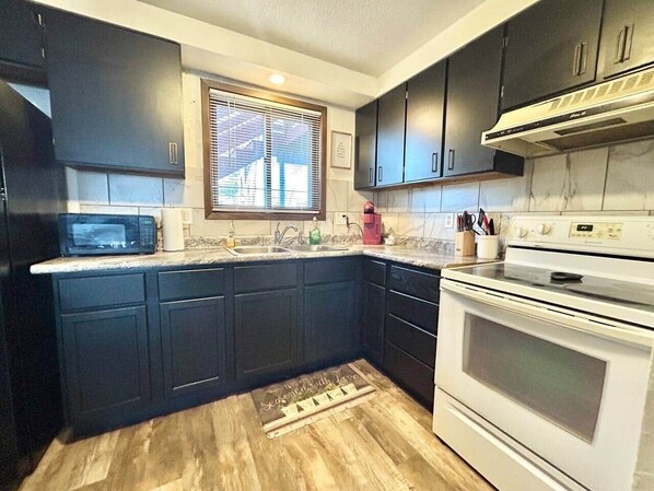 Frigorífico, microondas, horno y placa de cocina