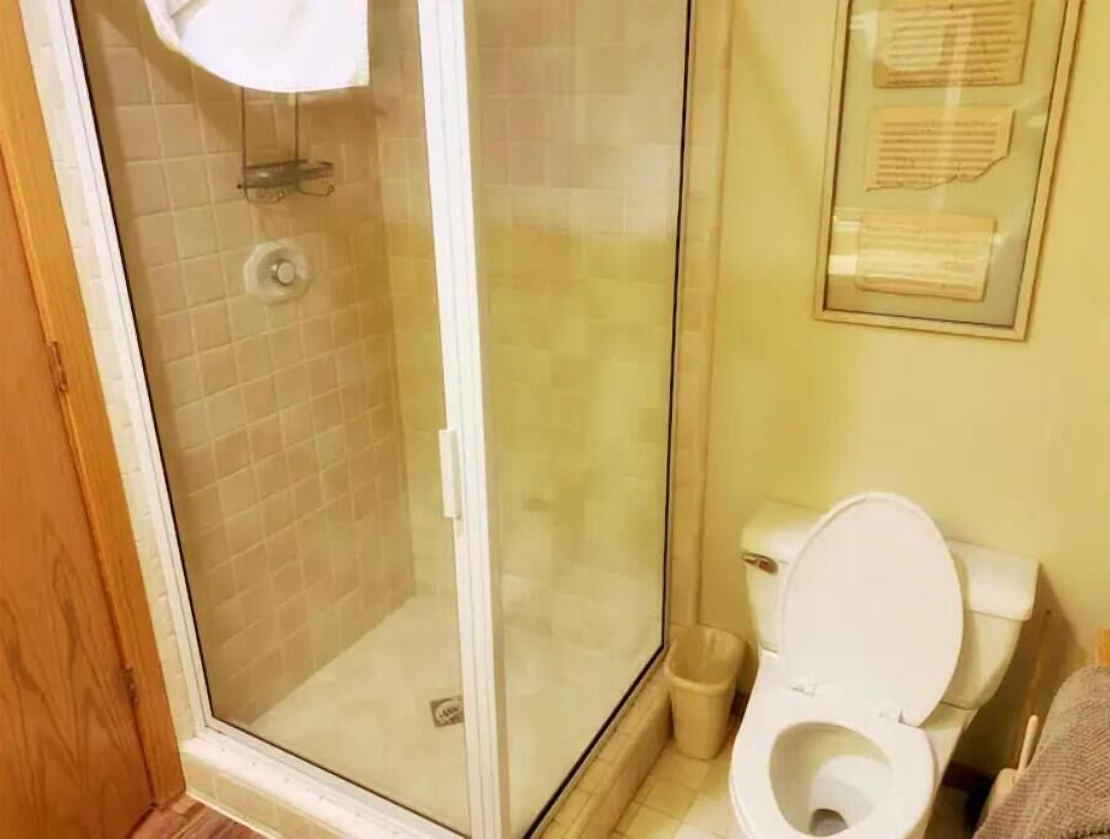 A bathroom with a glass-enclosed shower, a toilet, and a trash bin.