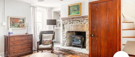 Smart TV, fireplace, books