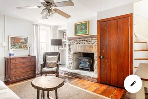 Smart TV, fireplace, books