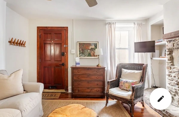 Smart TV, fireplace, books