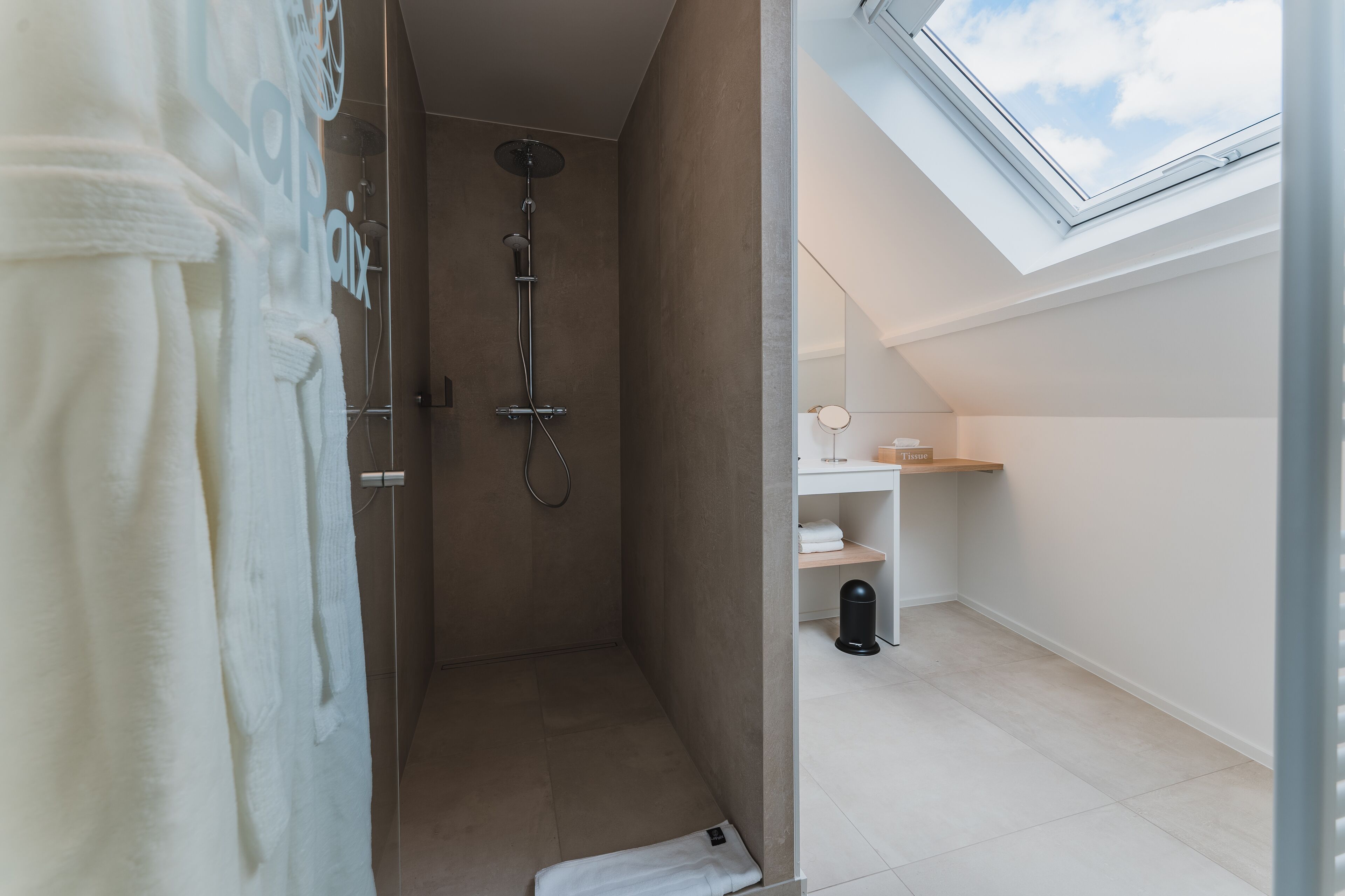 A modern bathroom with a skylight, a shower, and a small vanity area.