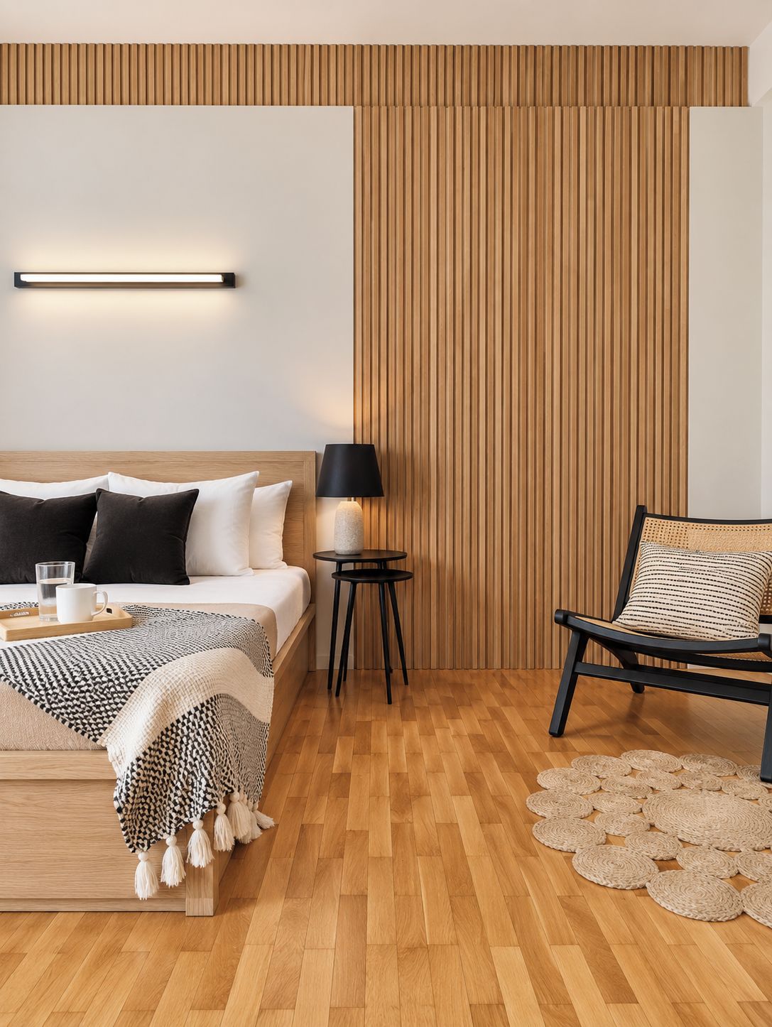 A modern bedroom with a bed, bedside table, lamp, and a chair.