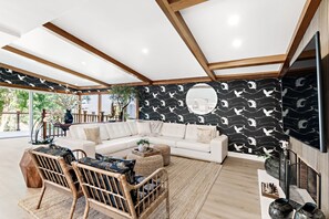 Smart TV, fireplace, video games, table football