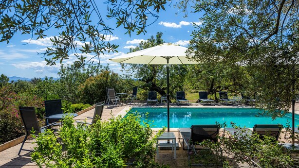 Une piscine entourée de verdure et d’arbres, avec des chaises longues et un parasol.