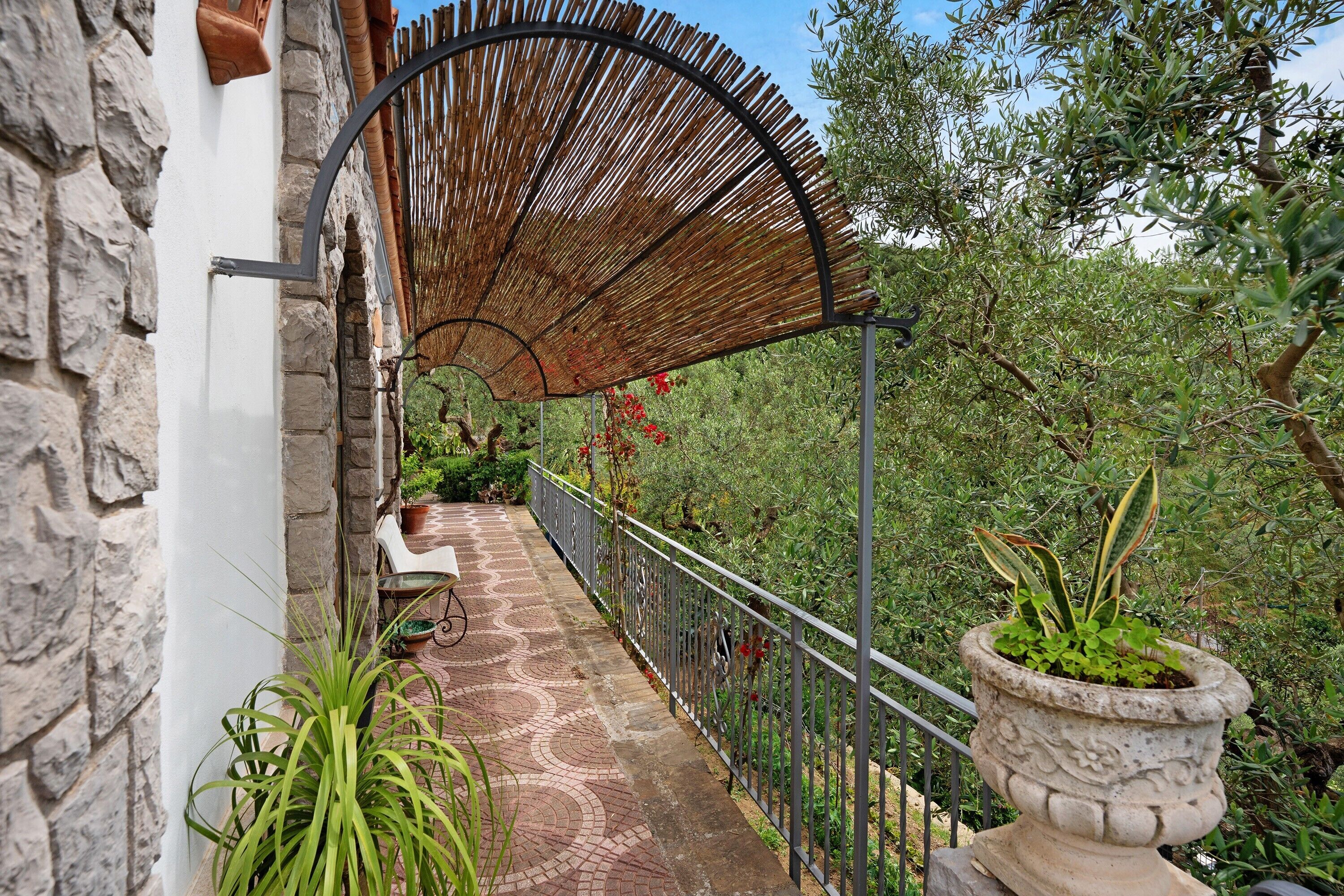 A stone wall, a curved metal railing, and a potted plant on a balcony.