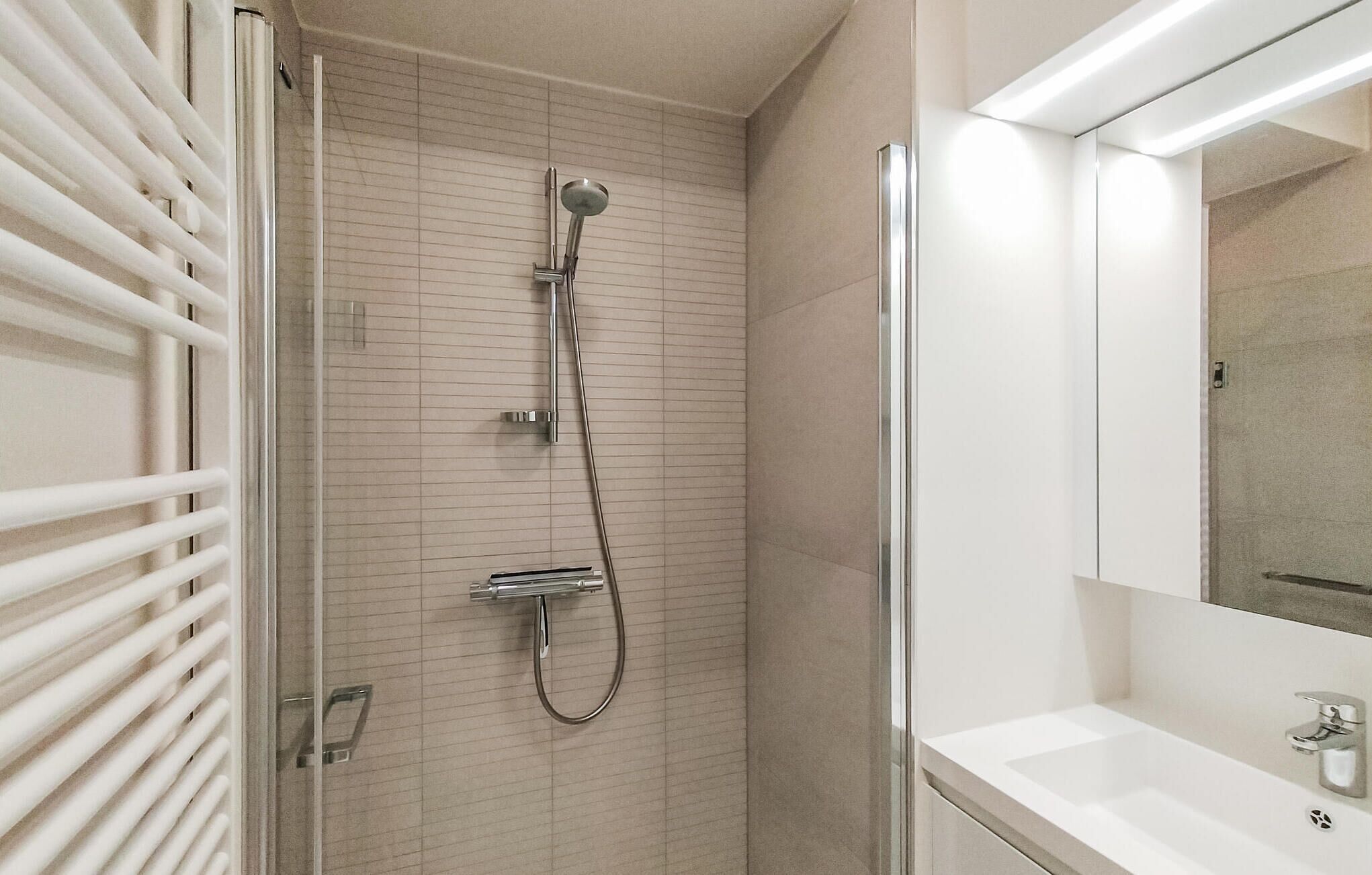 Une salle de bain moderne avec une douche à l’italienne, un lavabo blanc et un grand miroir.