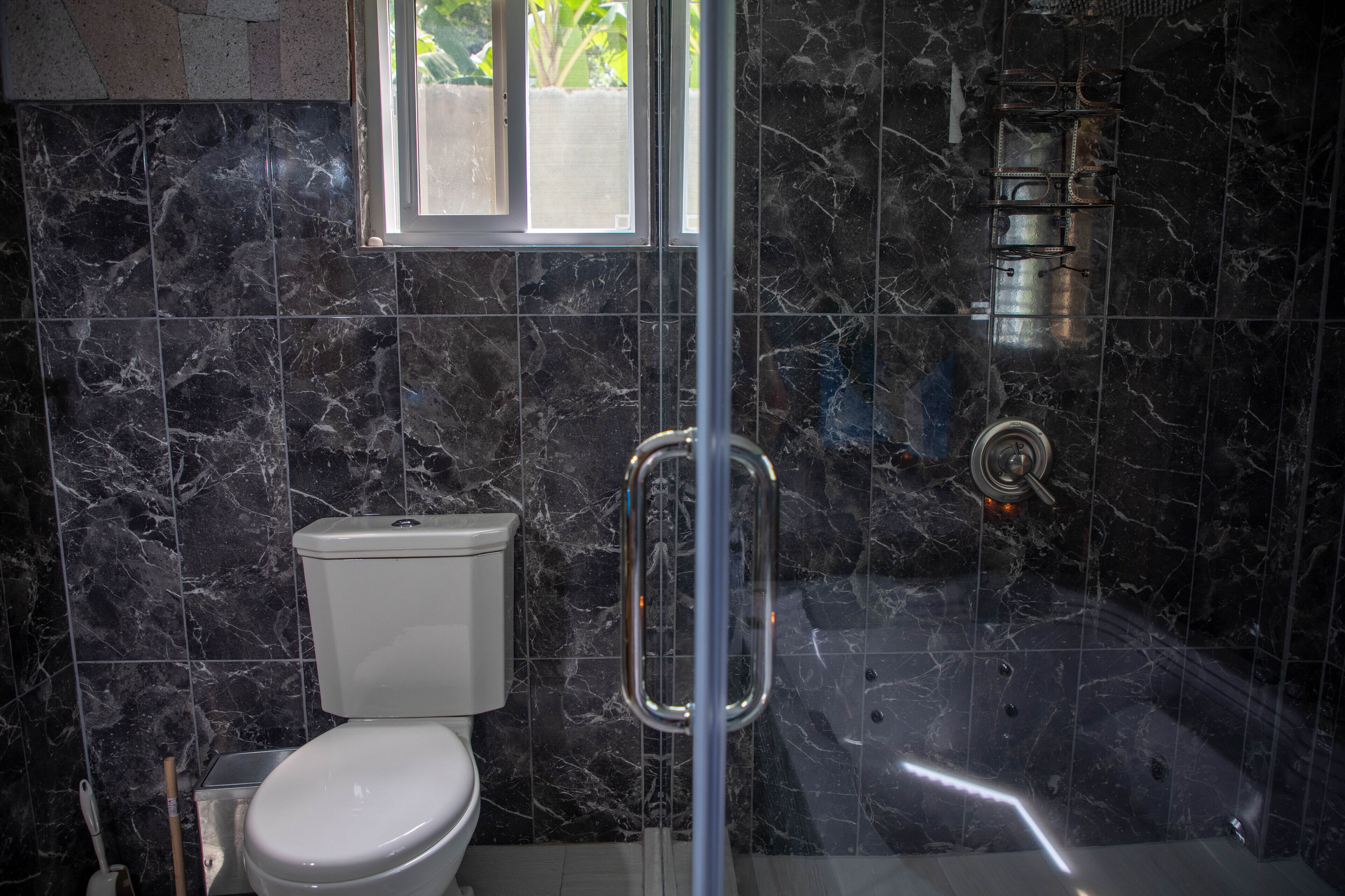 Une salle de bain comprenant des toilettes, une douche et un espace douche séparé par des parois en verre.