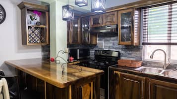 Full-sized fridge, microwave, oven, stovetop